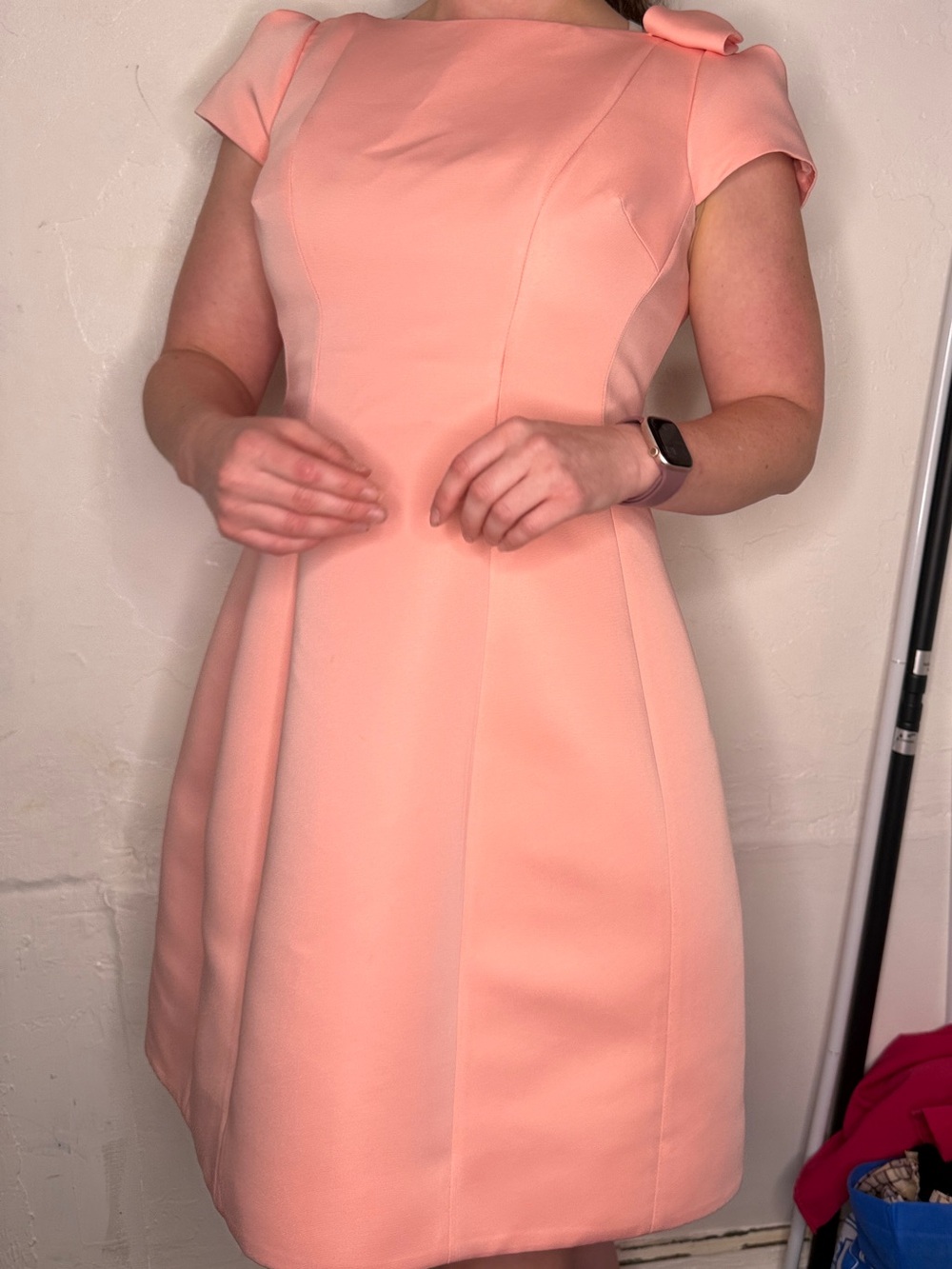 Rickie Freeman Teri Jon Peach Cap-Sleeve A-Line Mini Dress Size 6 Cocktail Bow
